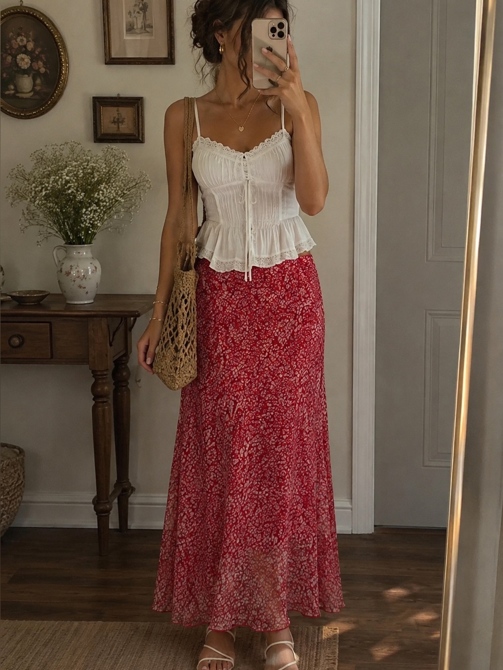 Red floral midi skirt with a soft flowy fit and stretchy waistband